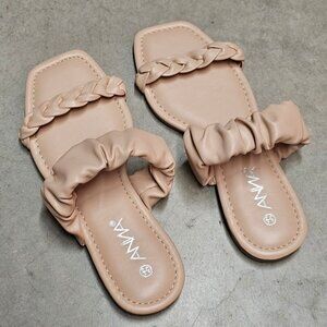 Nude Braided Strap Flat Sandals With Padded Scrunch Detail & Square Toe Design